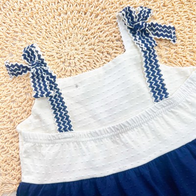 Vestido Ana Bola de Alcinha com Lacinho - Off White e Marinho